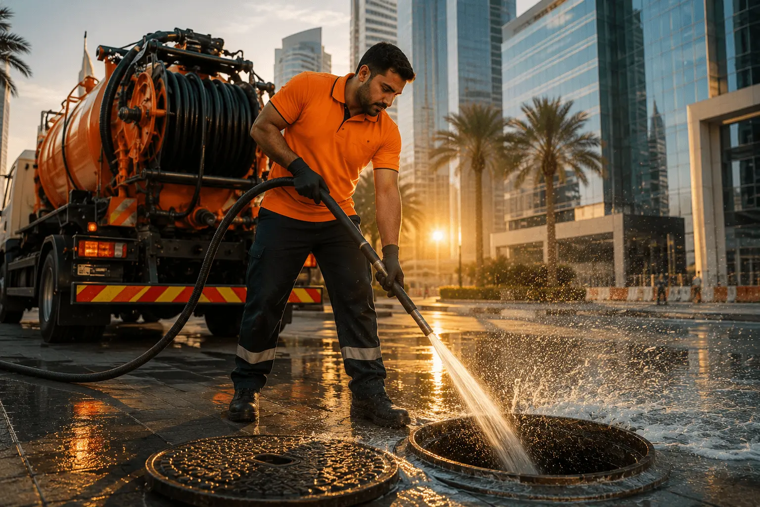 High-pressure water jetting equipment in use