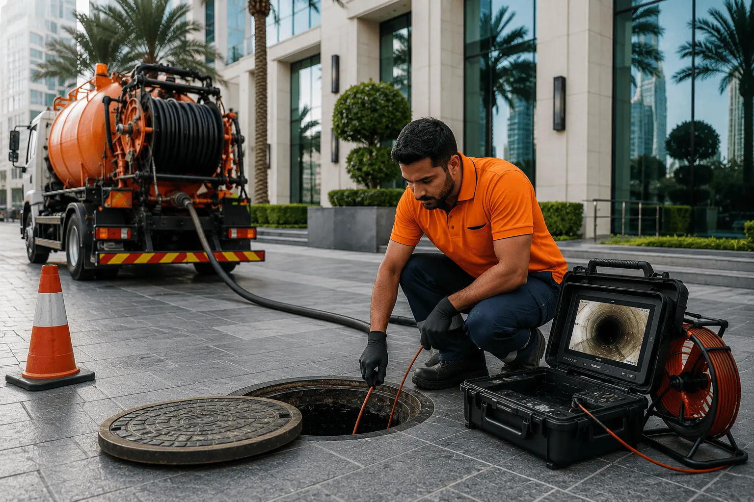 Aquatech technician inspecting a drainage line